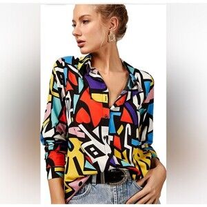 Women's Big Dart Long Sleeve Abstract Print Button Front Blouse XL
